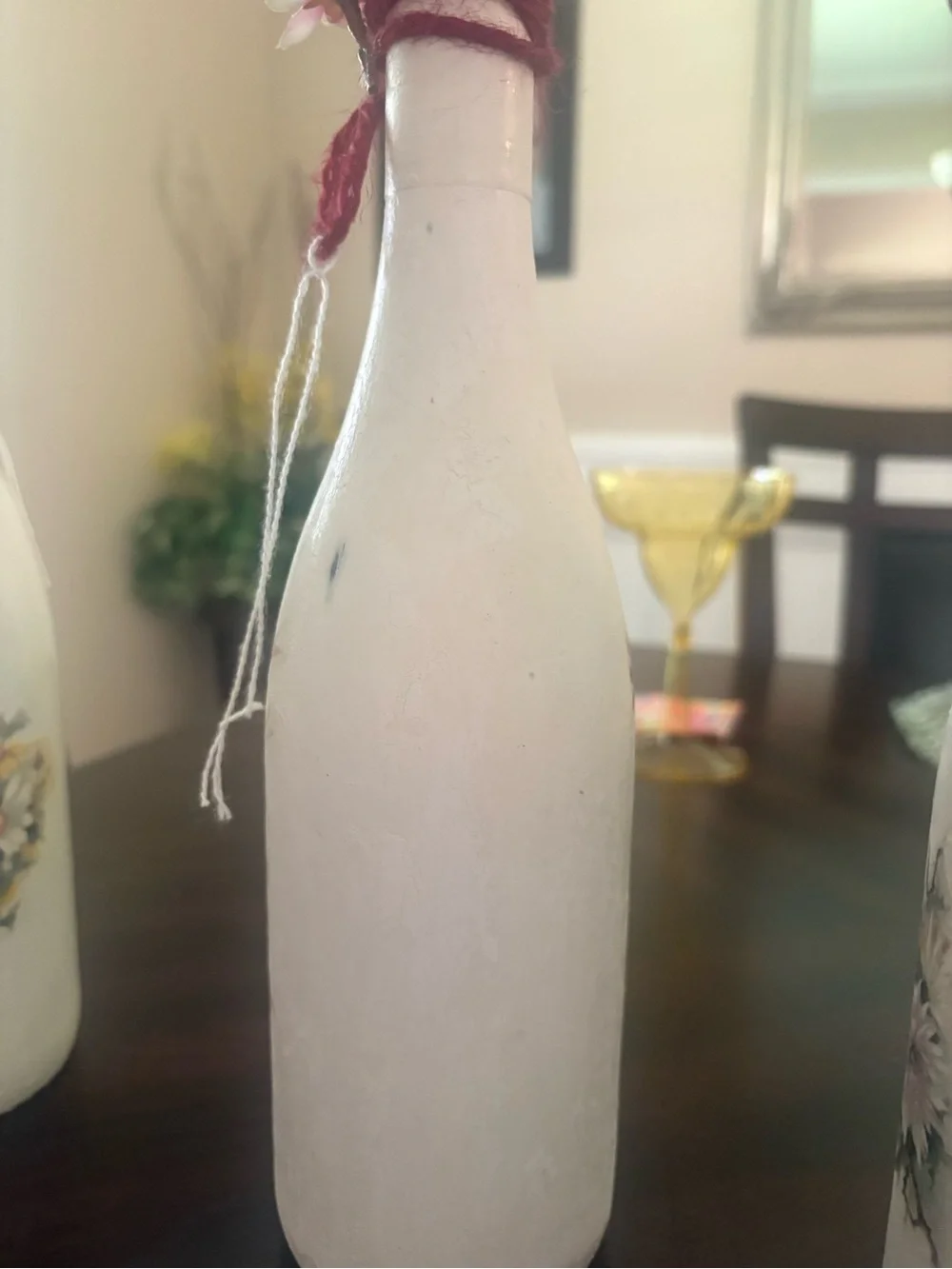 Handcrafted White/Cream Floral Decoupage Wine Bottle Accent - Decorative accent